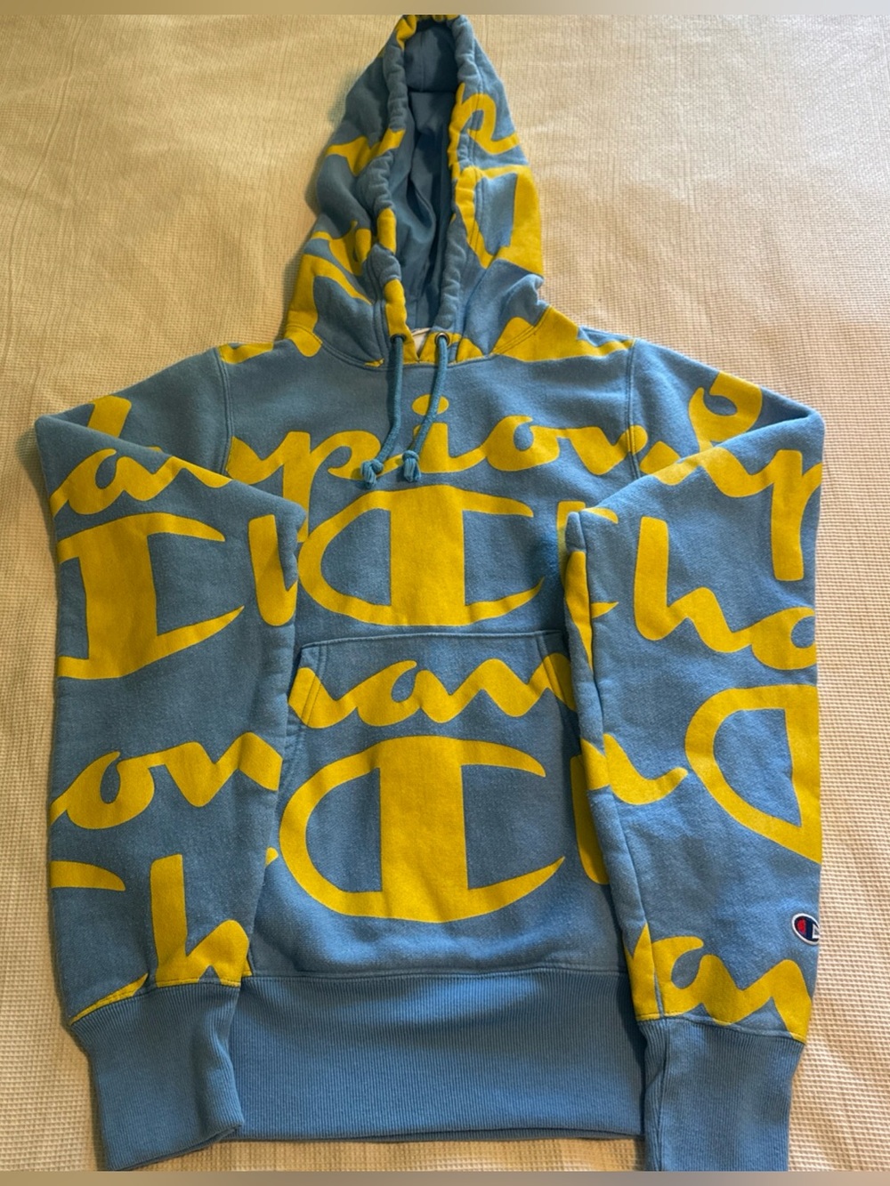 Champion Reverse Weave All Over Script Hoodie Blue Yellow Women’s XS Streetwear